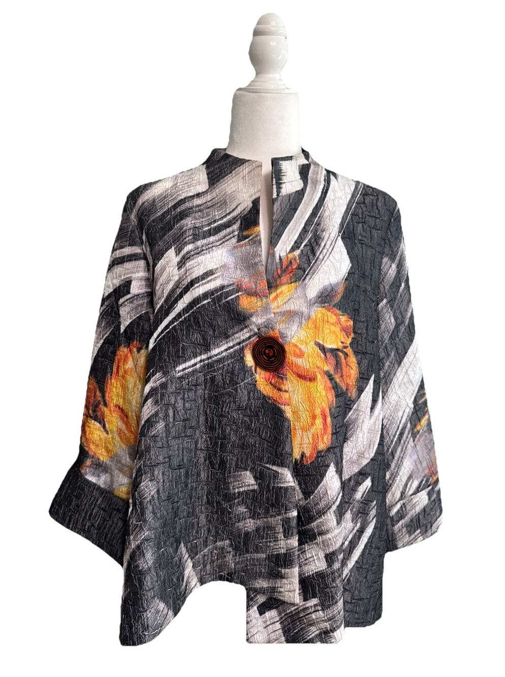 iC by Connie K Jacket Womens L Gray Floral Asymmetric Hem Textured Art To Wear